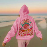 Women's floral letter embroidered hoodie with a loose fit.